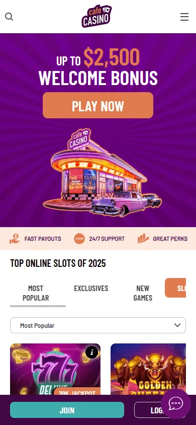 Cafe Casino games page on a mobile device
