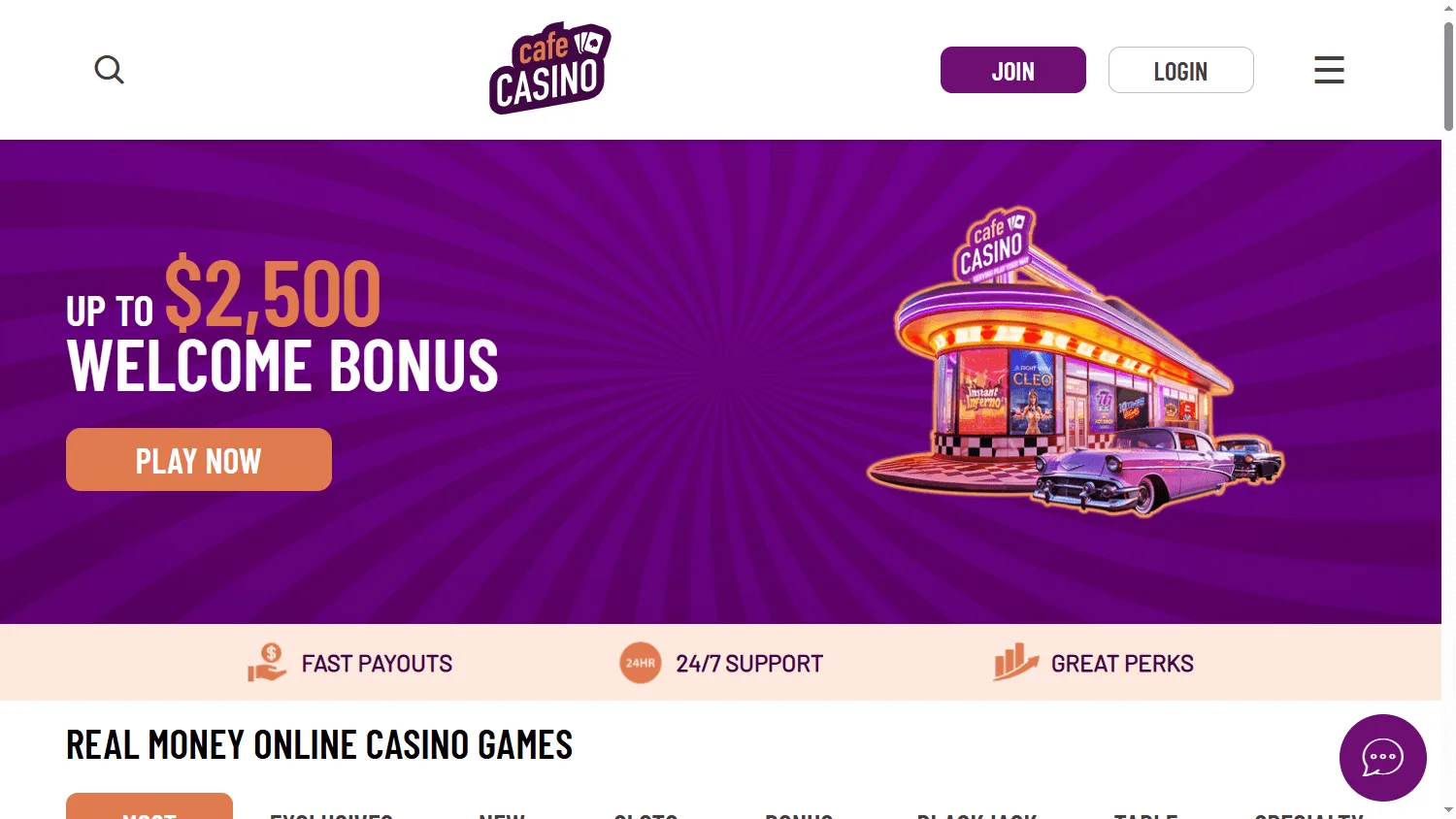 Cafe Casino home page on desktop