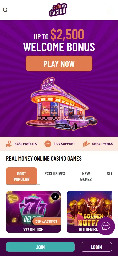 Cafe Casino home page on a mobile device