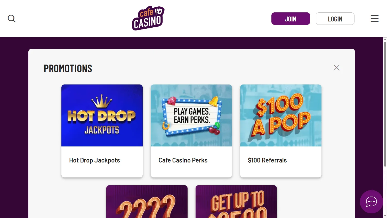 Cafe Casino promotions page on desktop
